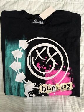 blink-182 Black Band Tee with Pink & Teal Graphic